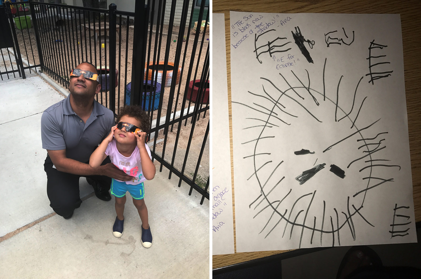 father and daughter viewing eclipse together and a painting of gravity